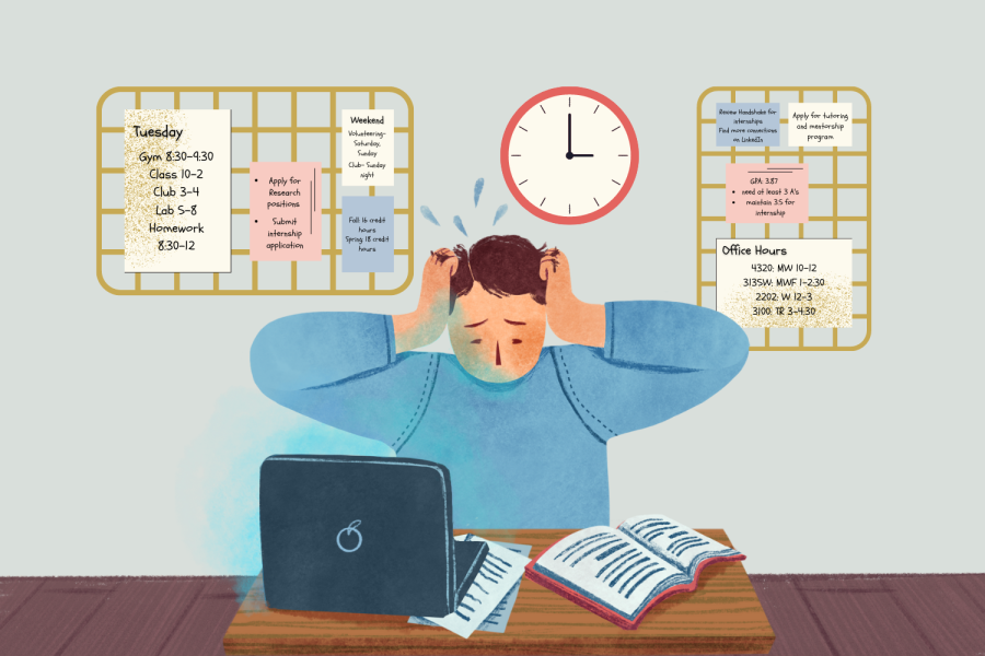 Graphic depicting a student feeling overwhelmed with school and extracurricular obligations (Hustler Multimedia/Lexie Perez). 
