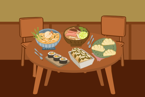 Graphic displaying various cultural cuisine dishes on a dining table. (Hustler Multimedia/Lexie Perez)