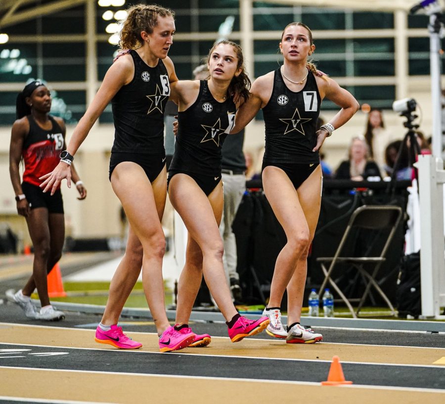 Vanderbilt Womens Track and Field celebrates after a relay race (Vanderbilt Athletics).