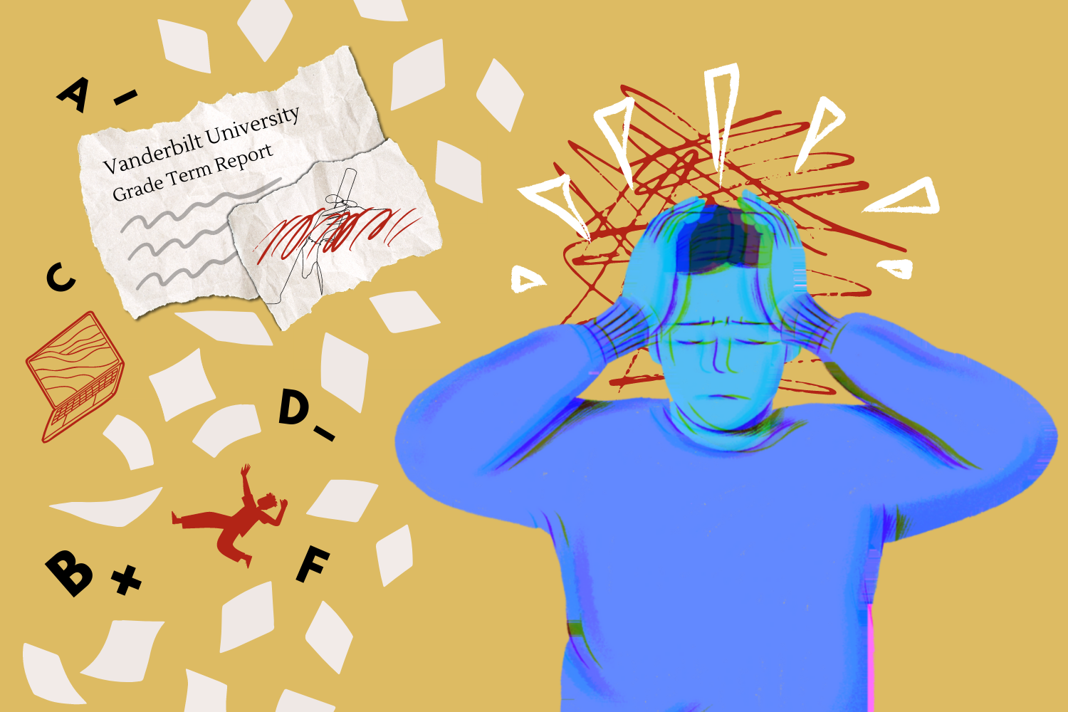 A graphic depicting a student confused and overwhelmed by their grades. (Hustler Multimedia/Lexie Perez)