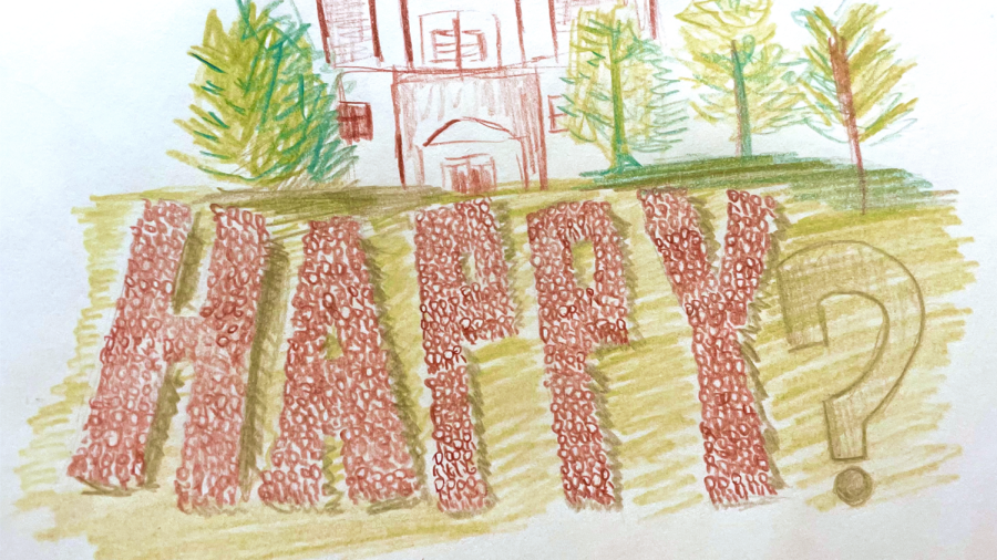 Graphic depicting students arranged to form the word HAPPY on Commons Lawn. (Hustler Staff/Sandra Ye)