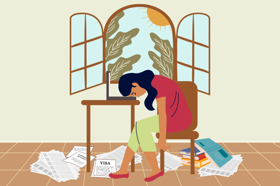 Graphic depicting an international student feeling overwhelmed before departing for an international move. (Hustler Multimedia/Lexie Perez)