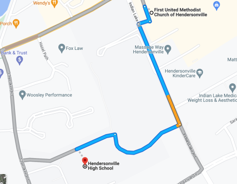 Screenshot of Google Maps showing Hendersonville High School and First United Methodist Church of Hendersonville, as captured on Feb. 16, 2023. (Hustler Staff/Jorie Fawcett)