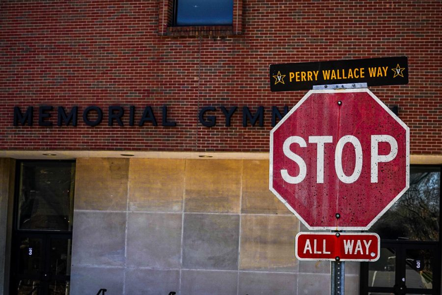 Street sign for Perry Wallace Way in front of Memorial Gymnasium, as photographed on Feb. 12, 2023. (Hustler Multimedia/Michael Tung)