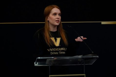 Debater from Vanderbilt University speaks in favor of the ban, as photographed on Feb. 3, 2023. (Hustler Multimedia/Narenkumar Thirmiya)