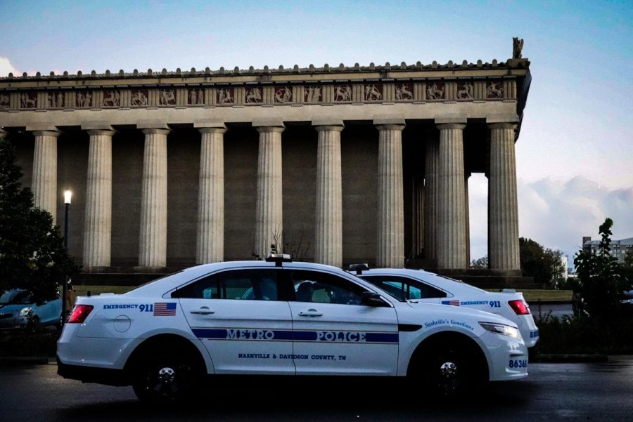 Police cars in front of Centennial Park, as photographed on Oct. 25, 2022. (Hustler Multimedia/Miguel Beristain)