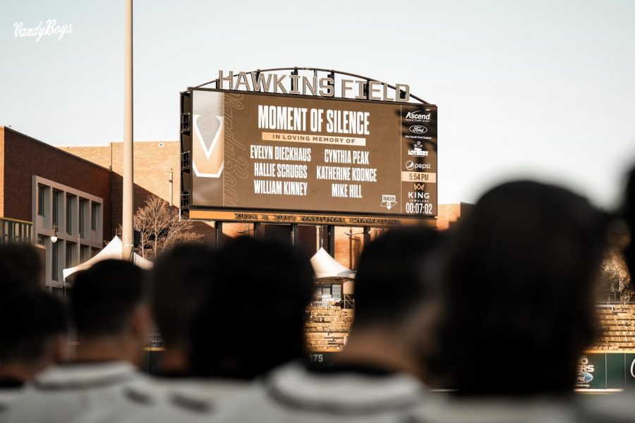 The scoreboard at Hawkins Field during a moment of silence held at the beginning of the Vanderbilt versus Lipscomb baseball game, as photographed on March 28, 2023. (Photo courtesy of Vanderbilt Athletics)