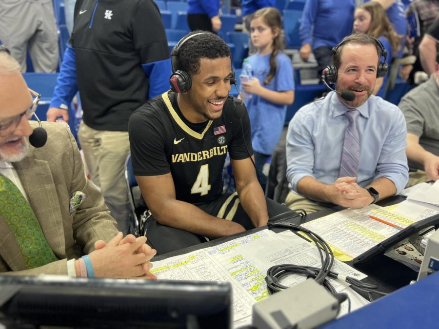 Jordan Wright talks with reporters after hitting a game-winner over Kentucky on March 1, 2023 (Vanderbilt Athletics).