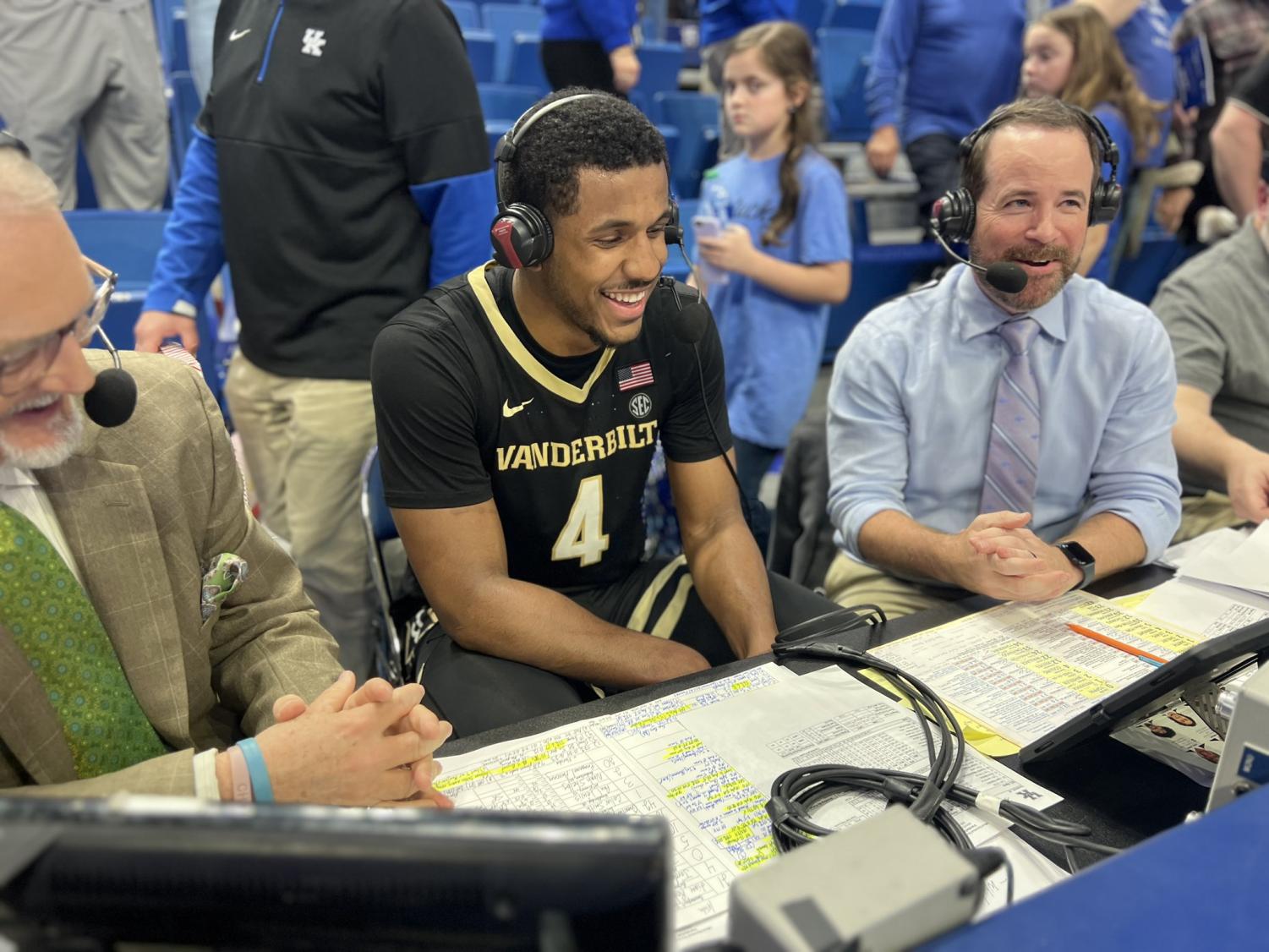 Jordan Wright talks with reporters after hitting a game-winner over Kentucky on March 1, 2023 (Vanderbilt Athletics).