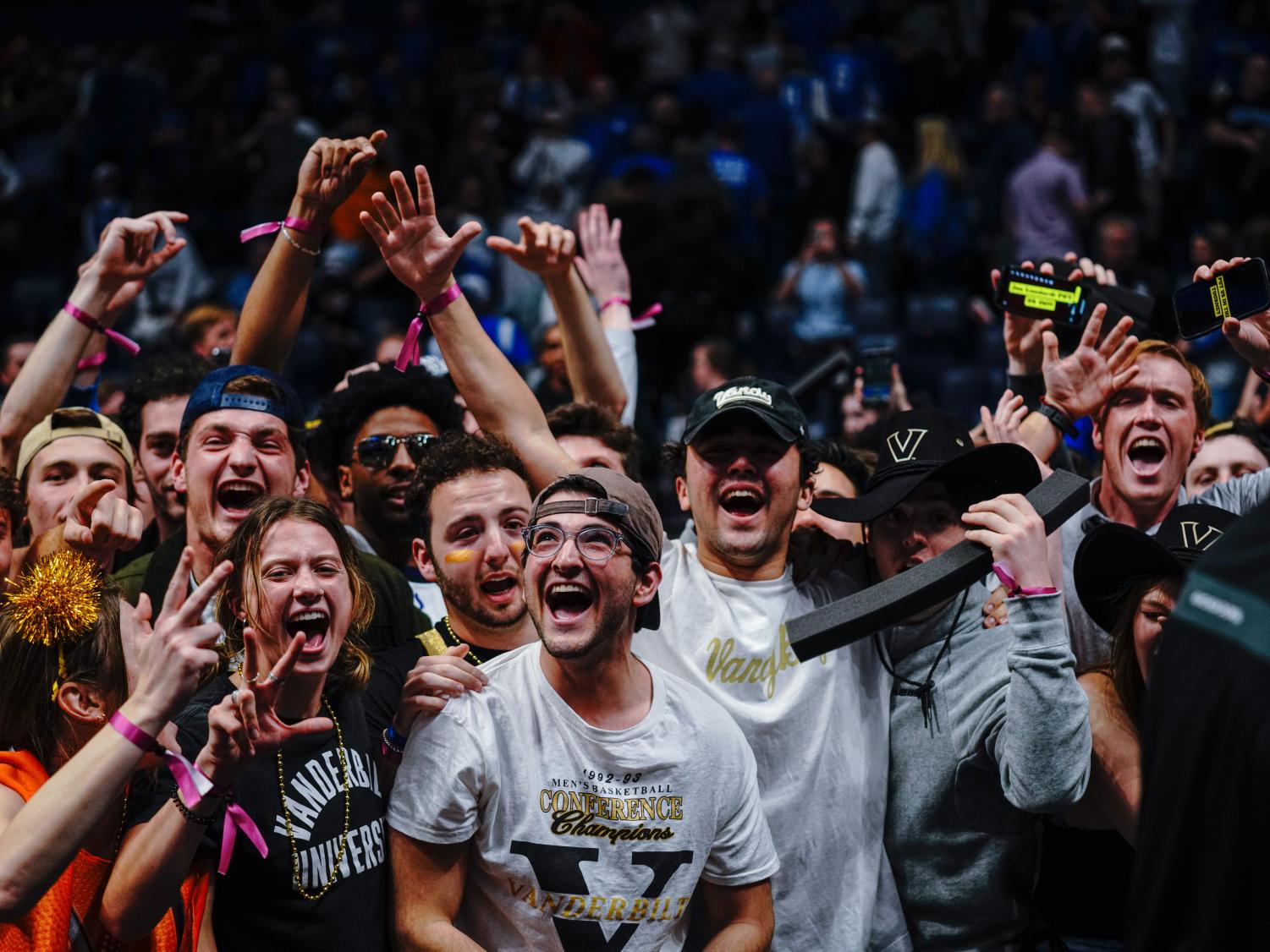 A crowd of excited Commodores celebrating Vanderbilt's win post-game, as photographed on March 10, 2023. (Hustler Multimedia/Ophelia Lu)