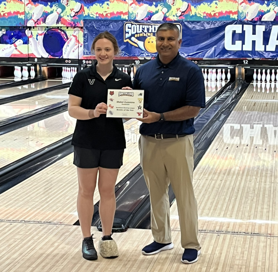 Mabel Cummins is presented with the Southland Bowling League Bowler of the Year Award on March 24, 2023 (Vanderbilt Athletics).