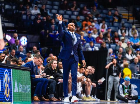 Jerry Stackhouse coaches from the sidelines against LSU at the SEC Tournament, as photographed on Mar. 9, 2023.