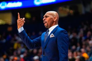 Jerry Stackhouse coaches the team from the sidelines at Bridgestone Arena, as photographed on March 9, 2023. (Hustler Multimedia/Nikita Rohila)