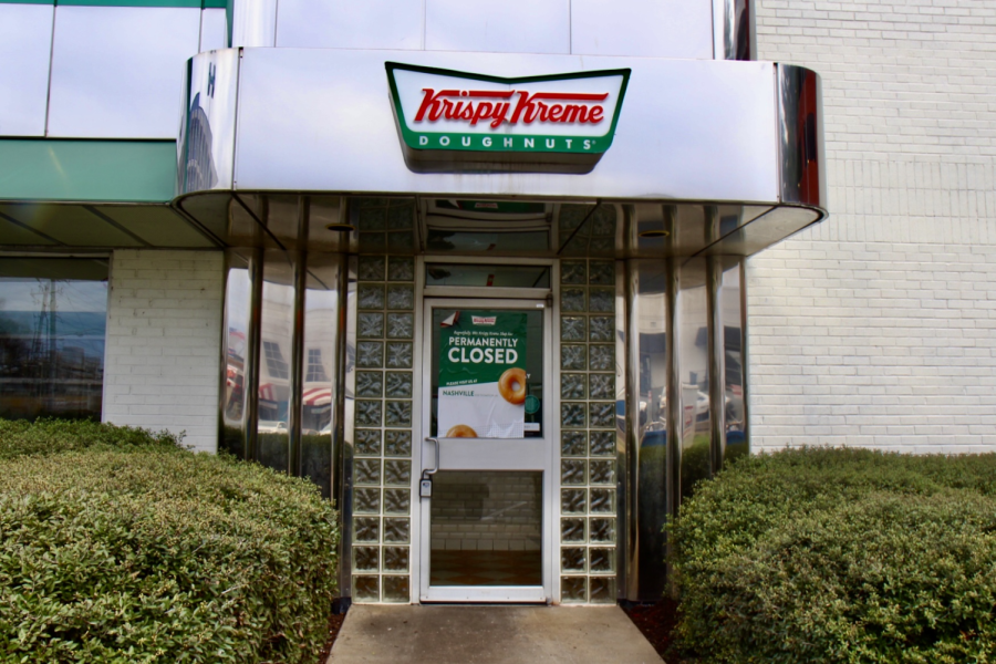 Storefront of Krispy Kreme in Midtown Nashville, as photographed on Feb. 24, 2023. (Hustler Staff/Barrie Barto)
