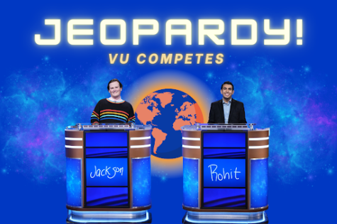 Graphic depicting juniors Rohit Kataria and Jackson Jones on the Jeopardy! stage. (Hustler Multimedia/Lexie Perez, photos courtesy of Jeopardy Productions, Inc.)
