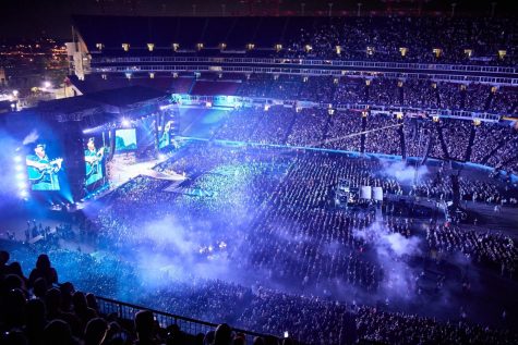 Nissan Stadium glowing in blue while Luke Combs is on stage, as photographed on April 14, 2023. (Photo courtesy of David Bergman)