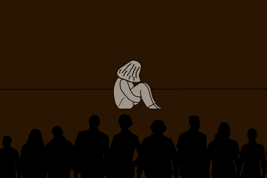 Graphic depicting a survivor of sexual assault being scrutinized by peers (Hustler Multimedia/Lexie Perez). 