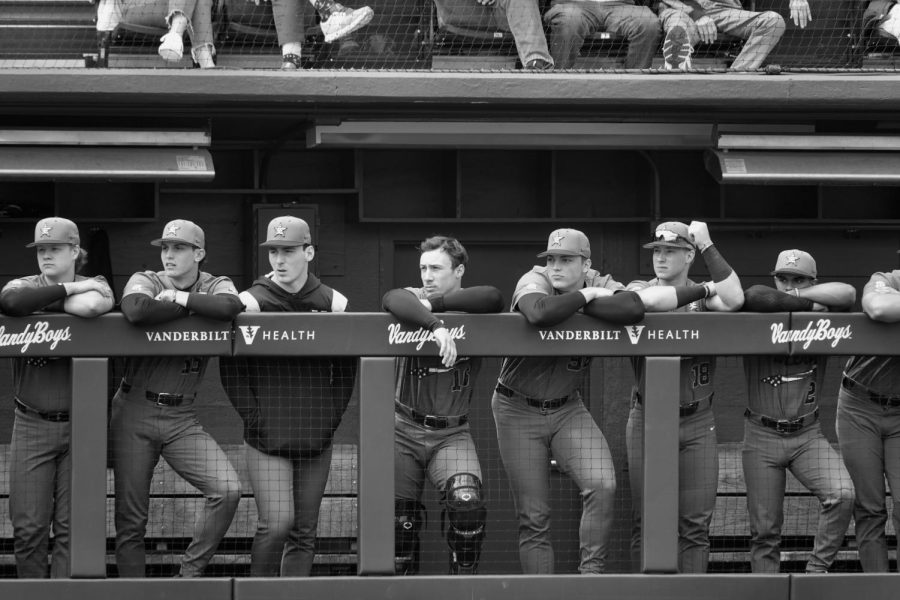 Vanderbilt dugout watching the game against South Carolina, as photographed on April 16, 2023 (Hustler Multimedia/Lindsey Jorda).