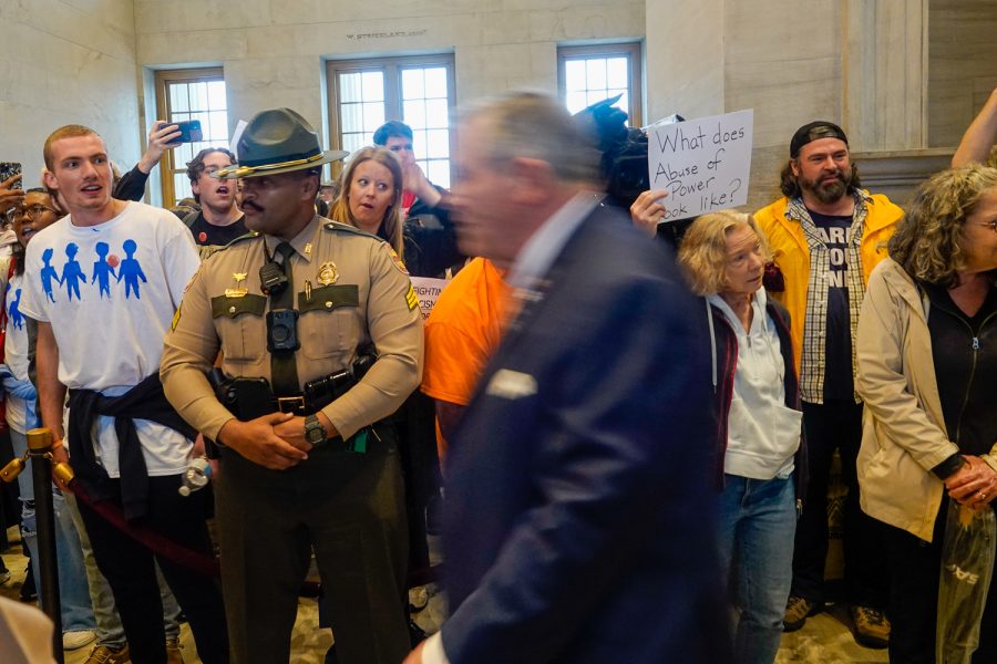 Protestors chant as legislators walk into the House chamber, as photographed on April 6, 2023. (Hustler Staff/Katherine Oung)