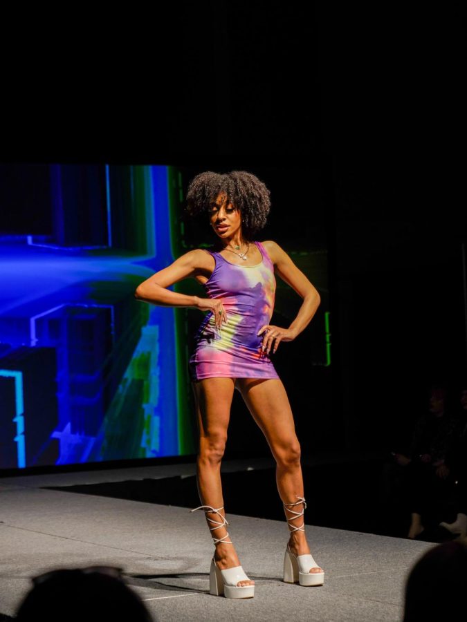 Student model pauses on the runway in an original design at the Vandy Vanity show, as photographed on April 8, 2023. (Hustler Multimedia/Ophelia Lu)