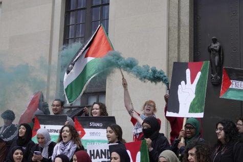 The rally attendees chant for the liberation of Palestine, as photographed on April 16, 2023. (Hustler Multimedia/Tasfia Alam)