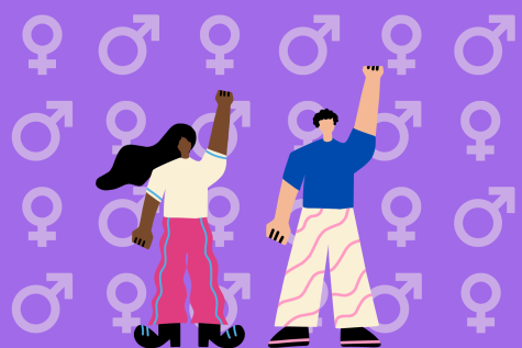 Graphic depicting men and women fighting for gender equality (Hustler Multimedia/Lexie Perez)