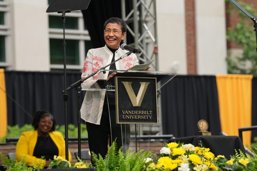 Nobel Peace Prize-winning journalist Maria Ressa gives the 2023 Graduates Day Speech, as photographed on May 11, 2023. (Photo courtesy of Vanderbilt University)
