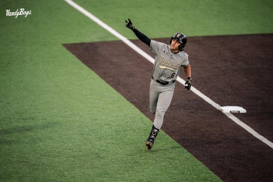 Chris Maldonado rounding the bases after his home run on May 2, 2023 (Vanderbilt Athletics).