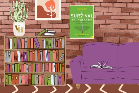 Graphic depicting a room with a poster of the book Survival of the Sickest. (Hustler Multimedia/Alexa White)