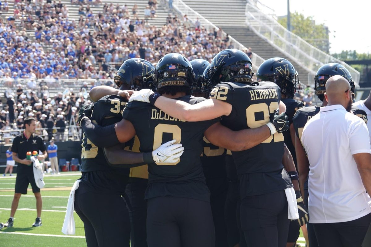 Vanderbilt players huddle, as photographed on Sept. 23, 2023. (Hustler Multimedia/Nour Abida)