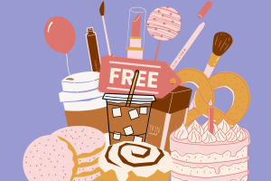 A graphic depicting birthday snacks and gifts. (Hustler Multimedia/Sofia El-Shammaa)
