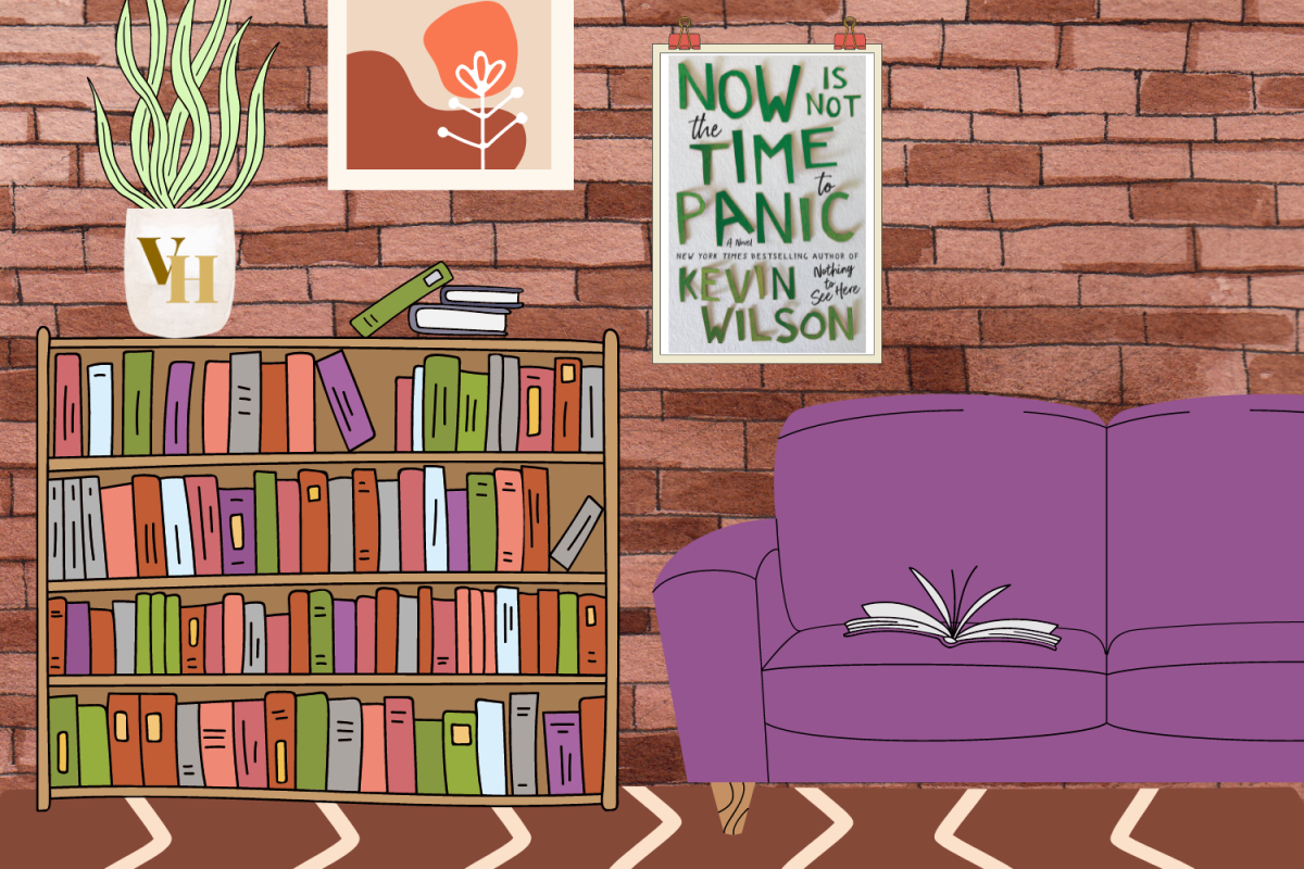 Graphic depicting a room with a poster of the book “Now is Not the Time to Panic.” (Hustler Multimedia/Alexa White)
