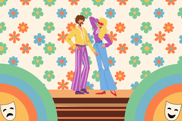 Graphic depicting actors in 1970s wear with a floral background. (Hustler Multimedia/Sofia El-Shammaa) 