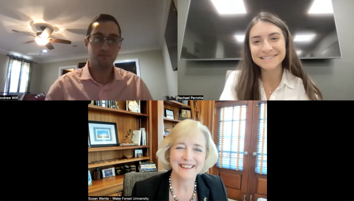 Sports Editor Andrew Wilf, Editor-in-Chief Rachael Perrotta and Wake Forest President Susan Wente on Zoom on Sept. 8, 2023. (Hustler Staff/Rachael Perrotta)