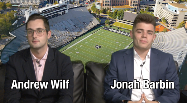 Andrew Wilf (left) and Jonah Barbin (right) debate the hottest issues in Vanderbilt sports. (Photo courtesy of Vanderbilt Video Productions)