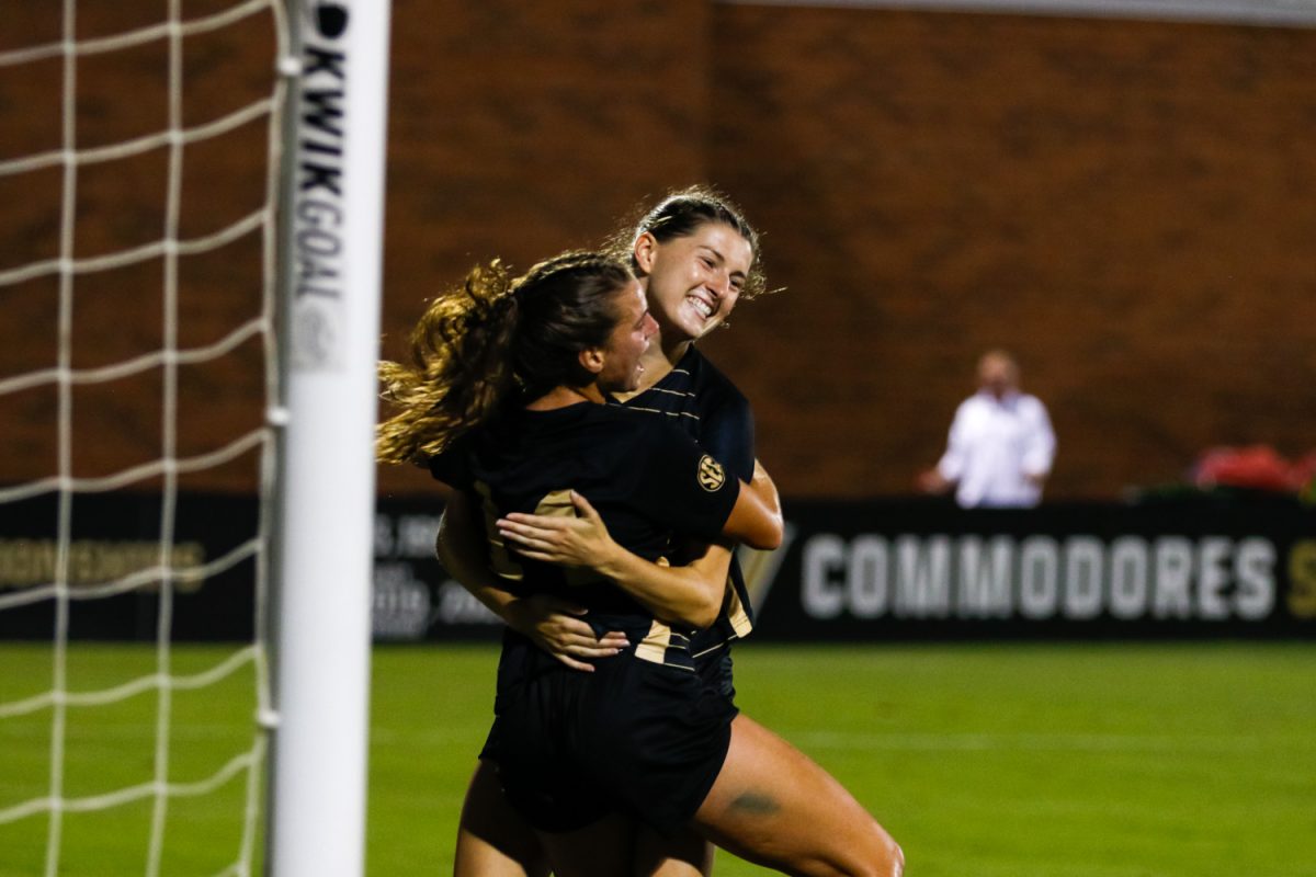 Mia Castillo celebrates after scoring the Commodores lone goal, as photographed on Sept. 7, 2023. (Barrie Barto/Hustler Multimedia)