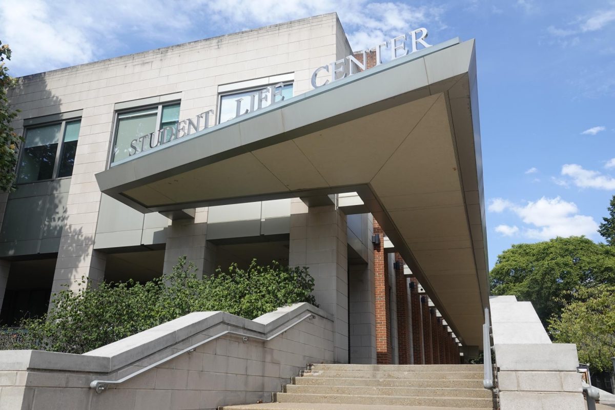 Steps that lead to the Student Life Center, as photographed on Sept. 4, 2023. (Hustler Multimedia/Anabella Guzman)