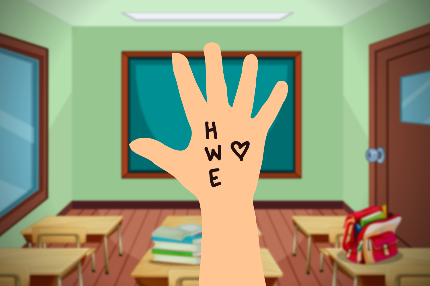 A graphic of the author’s hand with the written initials of the kids who lost their lives at the Covenant School shooting (Hallie, William and Evelyn). (Hustler Multimedia/Lexie Perez)
