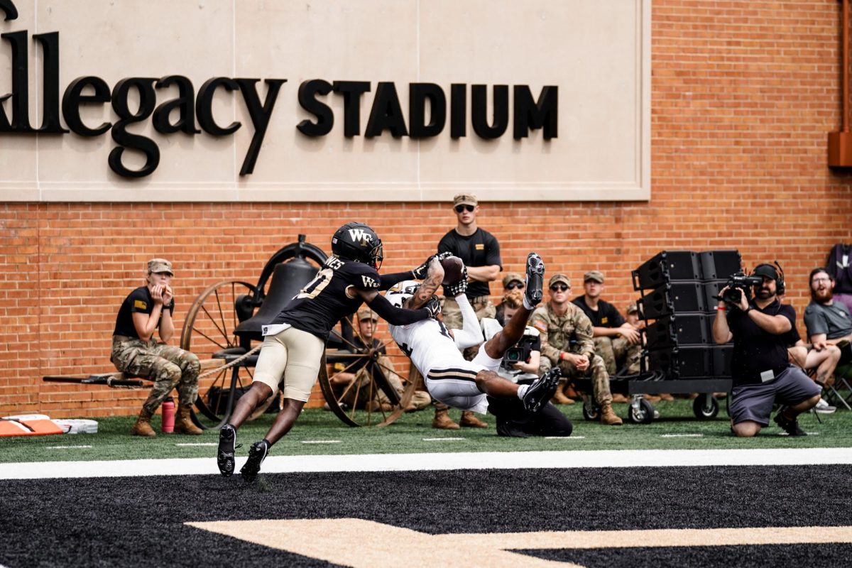 Will Sheppard catching a touchdown against Wake Forest on Sept. 9, 2023 (Courtesy of Vanderbilt Athletics).