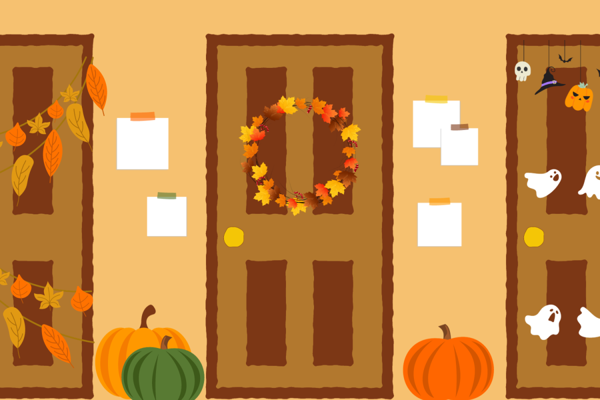 Graphic depicting fall wreath hanging on dorm door. (Hustler Multimedia/Zarrin Zahid)