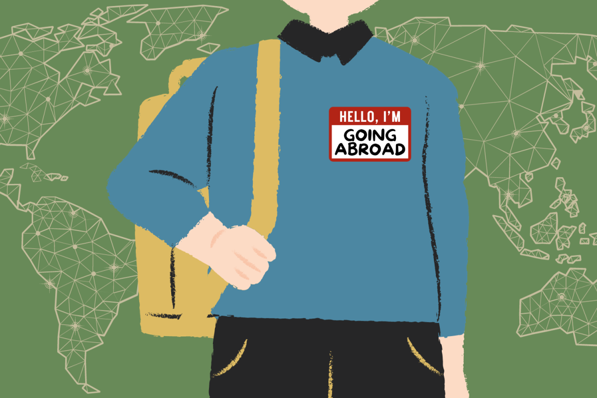 Graphic depicting a student planning to go abroad with a world map in the background. (Hustler Multimedia/Lexie Perez)
