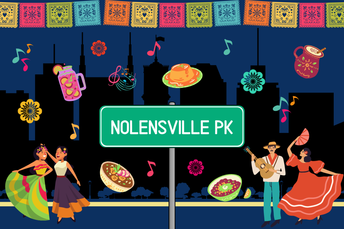 Graphic depicting a Nolensville Pike street sign with representations of Hispanic culture around it. (Hustler Multimedia/Zarrin Zahid)
