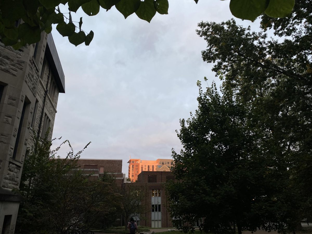 Orange glowing illuminates a building behind the law school, as captured on Oct. 17, 2023. (Hustler Multimedia/George Albu)
