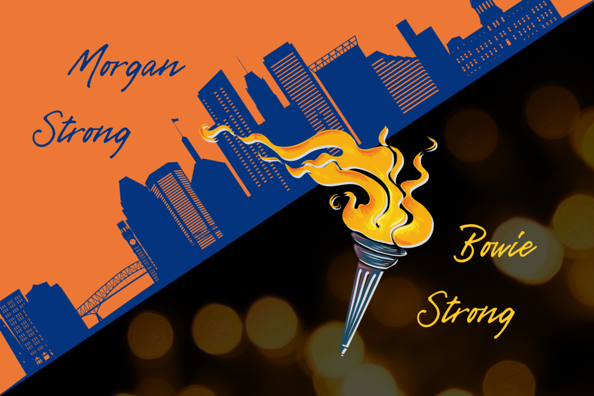 A graphic depicting the Baltimore skyline in orange and blue for Morgan State and a torch for Bowie State’s logo. (Hustler Multimedia/Lexie Perez)