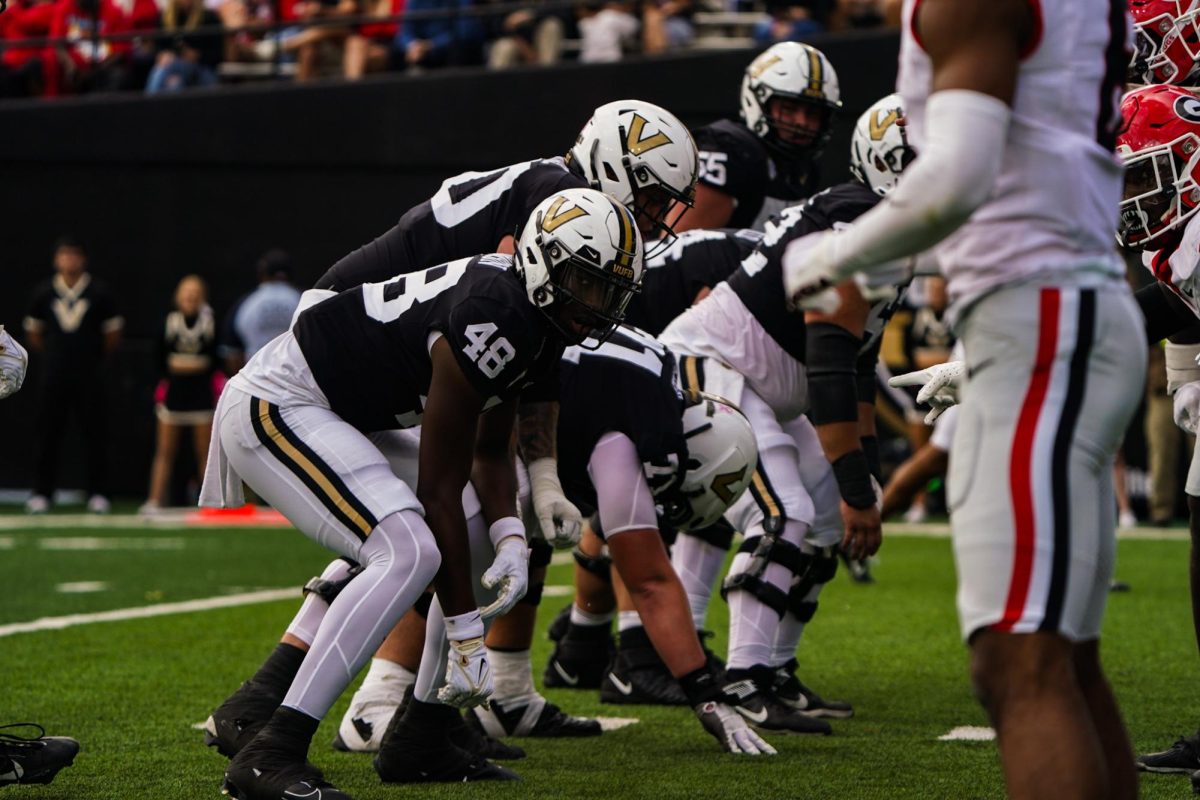 Vanderbilts Offense lines up to take the snap during the Commodores 37-20 home loss to Georgia on Saturday, Oct. 14, 2023. (Hustler Multimedia/Narenkumar Thirmiya)