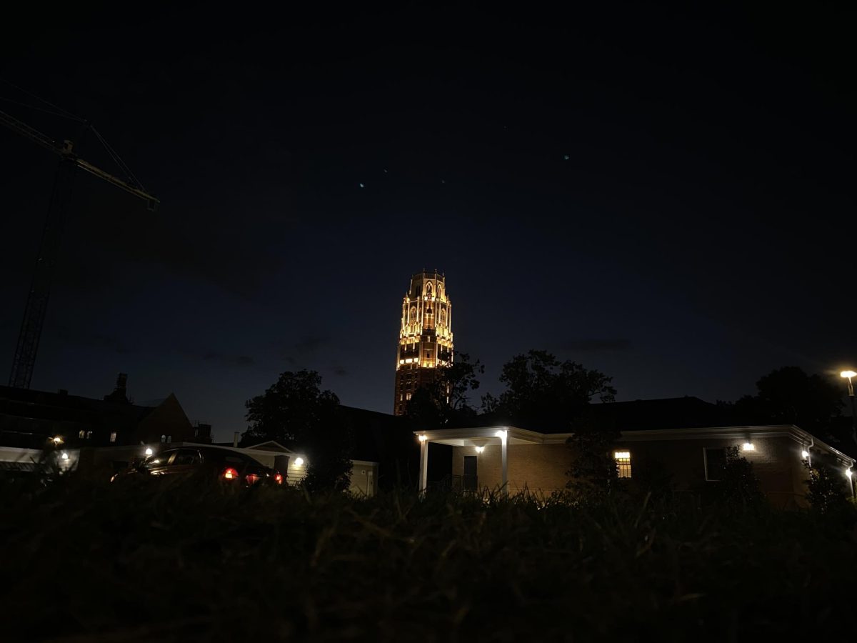 West End Tower looming over Greek Row at night, as photographed on Sept. 15, 2023. (Hustler Multimedia/George Albu)