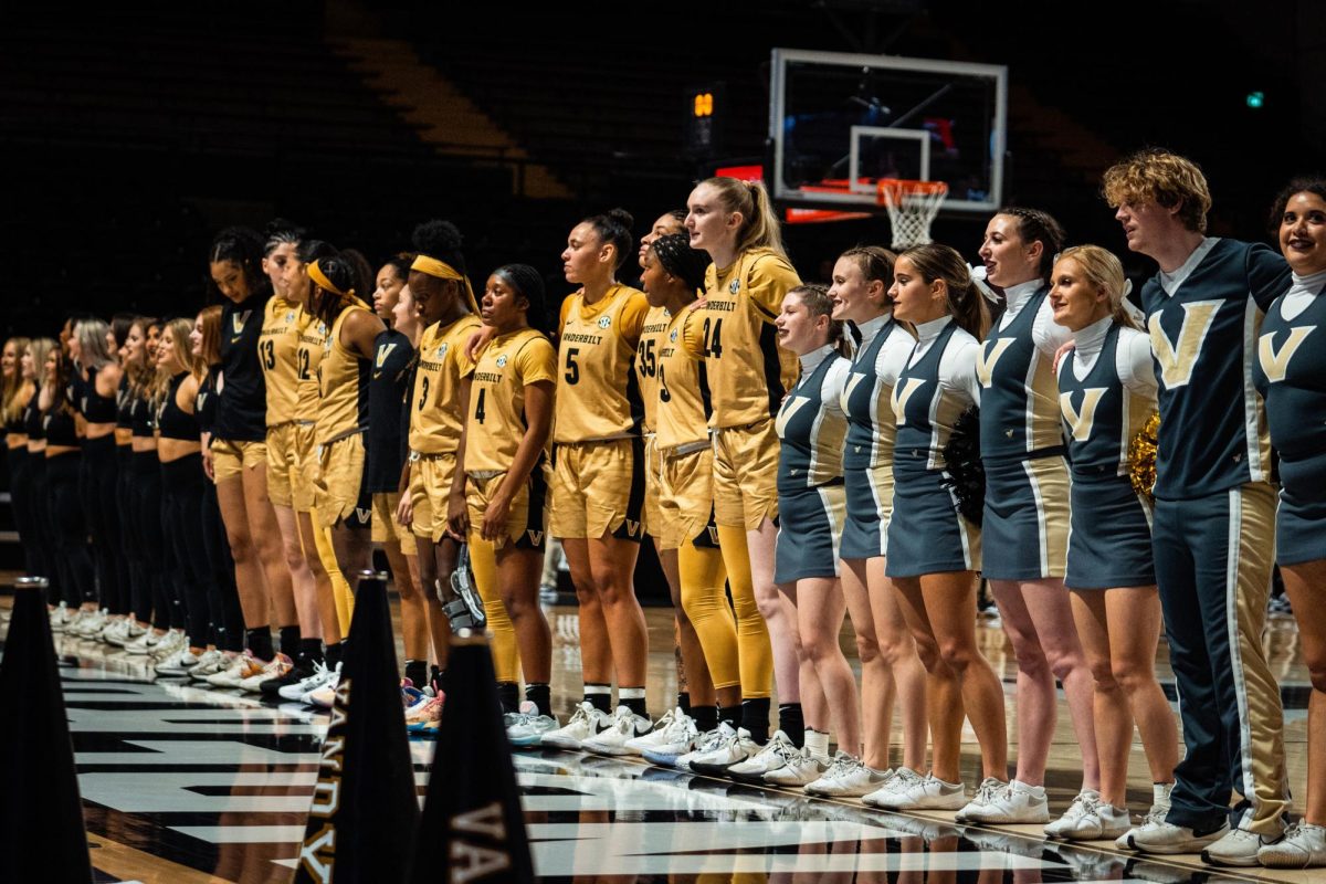 Vanderbilt’s women’s basketball team celebrates a victory over Fairfield alongside the cheerleaders and dance team, as photographed on Nov. 12, 2023. (Hustler Multimedia/Vince Lin)