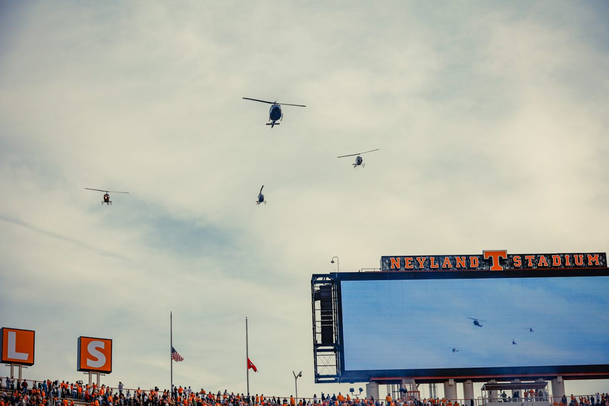 Helicopters fly over pregame of Vanderbilts game vs University of Tennessee, as photographed on November 25, 2023. (Hustler Multimedia/Josh Rehders)
