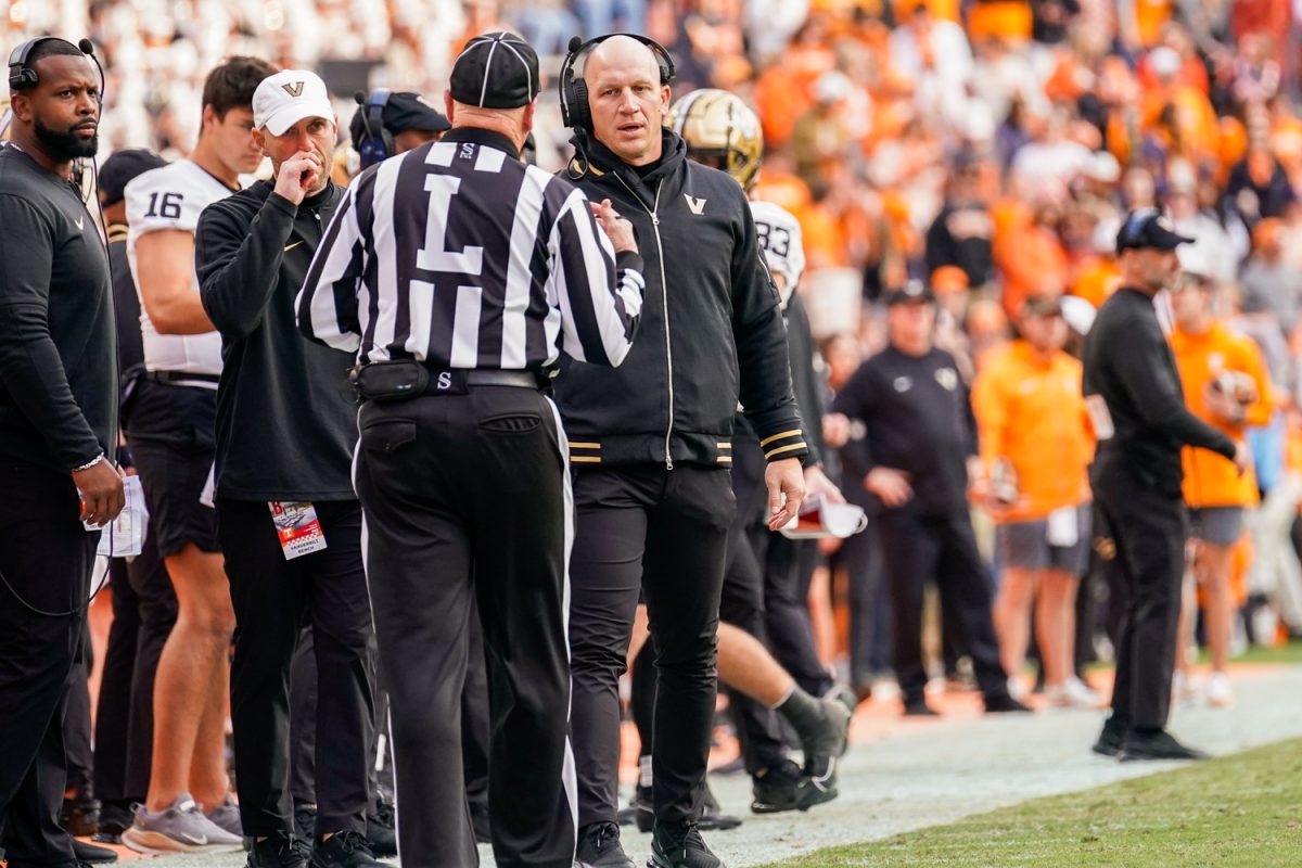 Clark Lea speaking to the referees in the Tennessee game as photographed on Nov. 25, 2023. (Hustler Multimedia/Barrie Barto)