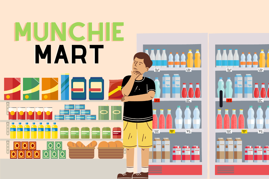 Graphic depicting a student shopping in a Munchie Mart (Hustler Multimedia/Zarrin Zahid).